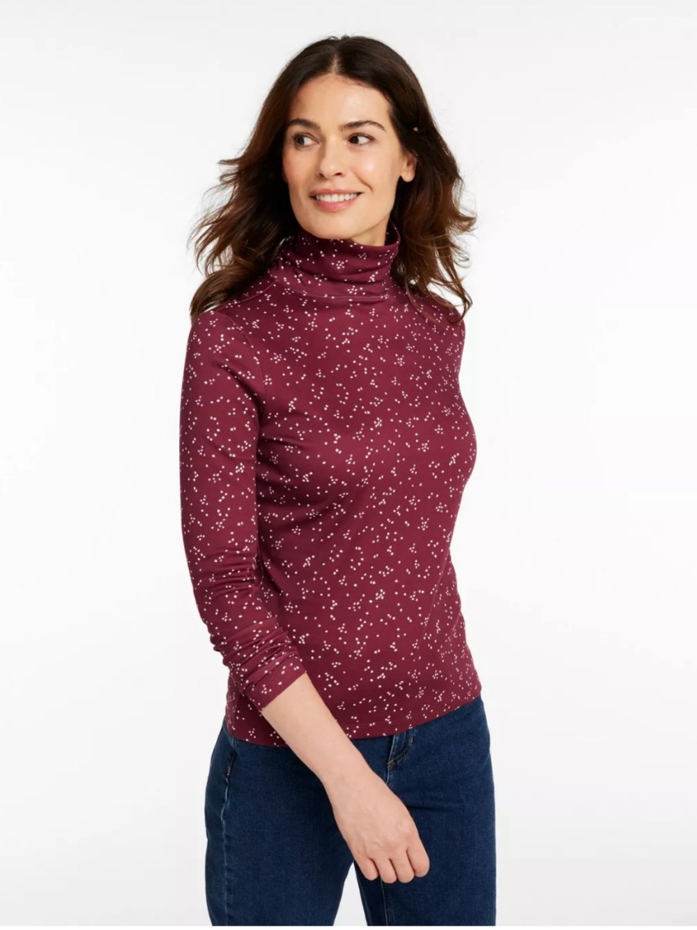 L.L. Bean Burgundy Turtleneck with White Dot Print